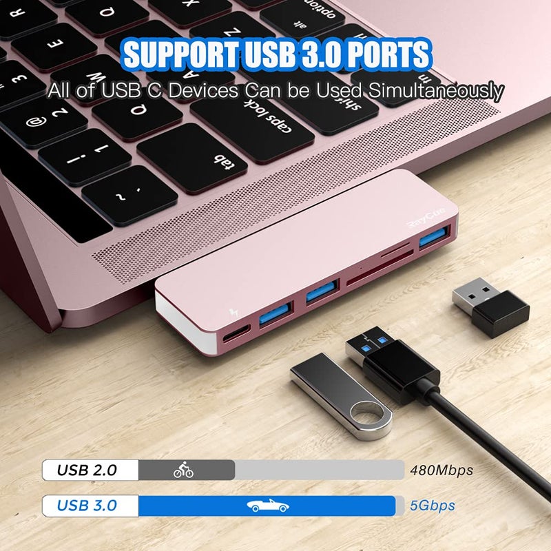 Raycue USB C Hub Adapter for MacBook Pro/Air 2020 2019 2018, 6 in 1 USB-C Accessories Compatible with MacBook Pro 13â€³ and 15â€³ with 3 USB 3.0 Ports, TF/SD Card Reader, Power Delivery (Pink) - Image 3